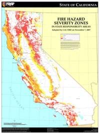 map of california with colored areas indicating fire hazard severity zones